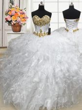  Floor Length Ball Gowns Sleeveless White Quinceanera Gown Lace Up