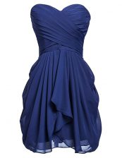 Wonderful Navy Blue Column/Sheath Ruching Dress for Prom Lace Up Chiffon Sleeveless Knee Length