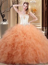 Adorable Orange Quinceanera Gowns Military Ball and Sweet 16 and Quinceanera with Embroidery and Ruffled Layers Strapless Sleeveless Lace Up