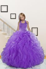 Gorgeous Halter Top Lavender Ball Gowns Beading and Ruffles Child Pageant Dress Lace Up Organza Sleeveless Floor Length