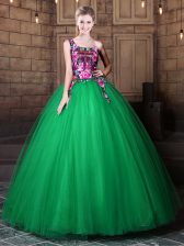  Ball Gowns 15th Birthday Dress Green One Shoulder Tulle Sleeveless Floor Length Lace Up