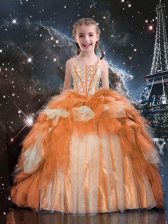 Best Gold Sleeveless Floor Length Beading and Ruffled Layers Lace Up Little Girl Pageant Gowns
