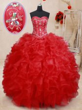 Customized Floor Length Red Quince Ball Gowns Sweetheart Sleeveless Lace Up