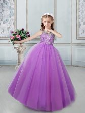  Scoop Lilac Ball Gowns Beading Little Girls Pageant Gowns Lace Up Tulle Sleeveless Floor Length