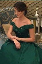 Delicate Off the Shoulder Dark Green Short Sleeves Satin Zipper Prom Gown for Prom and Party
