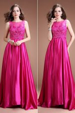Affordable Hot Pink Sleeveless Floor Length Beading and Appliques Zipper Dress for Prom