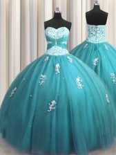  Teal Ball Gowns Tulle Halter Top Sleeveless Beading and Appliques Floor Length Lace Up Quinceanera Dresses