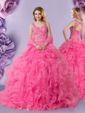  Hot Pink Straps Neckline Lace Ball Gown Prom Dress Sleeveless Lace Up