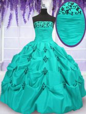 Flirting Aqua Blue Mermaid Strapless Sleeveless Taffeta Floor Length Lace Up Embroidery and Pick Ups 15 Quinceanera Dress