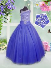 Hot Sale Blue Ball Gowns Tulle Asymmetric Sleeveless Beading Floor Length Side Zipper Little Girls Pageant Dress