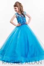  Scoop Aqua Blue Sleeveless Beading Floor Length Kids Pageant Dress
