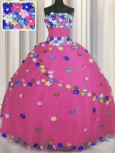 Enchanting Hot Pink Strapless Neckline Hand Made Flower Ball Gown Prom Dress Sleeveless Lace Up