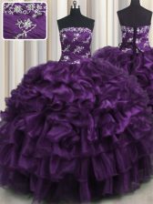 New Arrival Floor Length Purple Sweet 16 Dresses Organza Sleeveless Appliques and Ruffles and Ruffled Layers