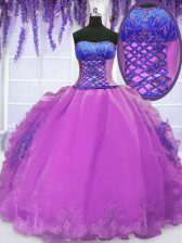 Elegant Purple Lace Up Strapless Embroidery and Ruffles Quinceanera Gowns Organza Sleeveless