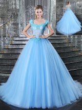 Deluxe Straps Baby Blue Tulle Lace Up Vestidos de Quinceanera Sleeveless With Brush Train Beading and Appliques