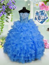  Sleeveless Organza Floor Length Lace Up Little Girl Pageant Gowns in Light Blue with Ruffled Layers and Sequins