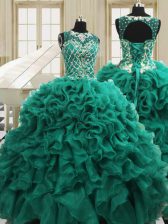 Hot Selling Teal Ball Gowns Organza Scoop Sleeveless Beading and Ruffles Floor Length Lace Up Quinceanera Gown