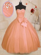 Floor Length Lace Up Vestidos de Quinceanera Orange for Military Ball and Sweet 16 and Quinceanera with Beading and Bowknot
