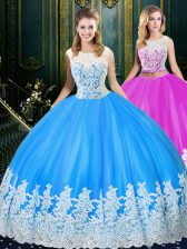 Stylish Scoop Floor Length Baby Blue Sweet 16 Dress Tulle Sleeveless Lace and Appliques