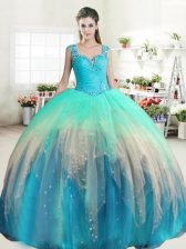  Multi-color Straps Neckline Beading and Ruffled Layers Quinceanera Gowns Sleeveless Zipper