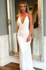  Mermaid White Prom Evening Gown Prom with Ruching V-neck Sleeveless Brush Train Backless