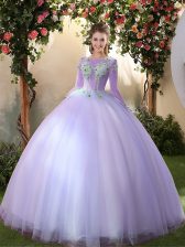  Lavender Lace Up Scoop Appliques Quince Ball Gowns Tulle 3 4 Length Sleeve