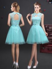 Sexy Aqua Blue Sleeveless Tulle Lace Up Dama Dress for Prom and Party and Wedding Party