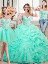  Three Piece Apple Green Ball Gowns Beading and Ruffles and Pick Ups Sweet 16 Dresses Lace Up Organza Sleeveless Floor Length