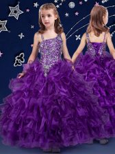 Beauteous Floor Length Lace Up Pageant Gowns For Girls Purple for Quinceanera and Wedding Party with Beading and Ruffled Layers