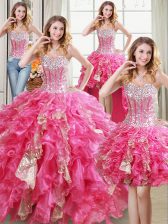  Four Piece Hot Pink Lace Up 15th Birthday Dress Beading and Ruffles and Sequins Sleeveless Floor Length