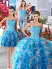 Graceful Three Piece Floor Length Lace Up Sweet 16 Quinceanera Dress White and Baby Blue for Military Ball and Sweet 16 and Quinceanera with Beading