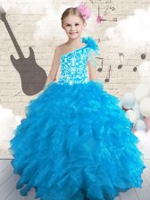 Latest Organza One Shoulder Sleeveless Lace Up Embroidery and Ruffles and Hand Made Flower Little Girls Pageant Dress Wholesale in Baby Blue