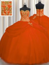 Pretty Orange Red Tulle Lace Up Sweetheart Sleeveless Floor Length Sweet 16 Quinceanera Dress Beading