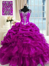  Fuchsia Ball Gowns Organza Straps Sleeveless Beading and Ruffles and Pick Ups Floor Length Lace Up Vestidos de Quinceanera