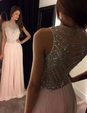 Captivating Pink Evening Dress Prom and Party with Beading Scoop Sleeveless Brush Train Side Zipper