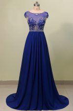  Scoop Cap Sleeves Zipper With Train Beading and Appliques Dress for Prom