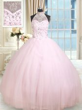 Halter Top Beading Quince Ball Gowns Baby Pink Lace Up Sleeveless Floor Length