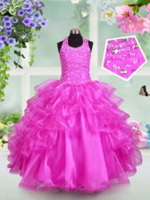 New Arrival Halter Top Ruffled Fuchsia Sleeveless Organza Lace Up Little Girls Pageant Dress Wholesale for Party