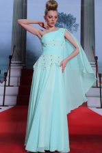 Ideal One Shoulder Turquoise Sleeveless Lace and Ruching Floor Length Prom Party Dress