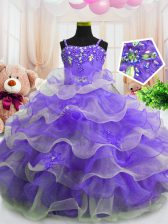Unique Floor Length Eggplant Purple Little Girl Pageant Dress Organza Sleeveless Beading and Ruffled Layers