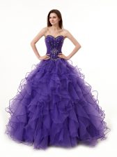  Sleeveless Floor Length Beading and Ruffles Lace Up Quinceanera Dresses with Purple
