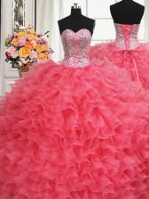 Fantastic Beaded Bodice Coral Red Quinceanera Dress Military Ball and Sweet 16 and Quinceanera with Beading and Ruffles Sweetheart Sleeveless Lace Up