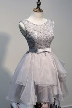 Wonderful A-line Prom Gown Grey Scoop Organza and Lace Sleeveless Knee Length Lace Up