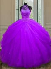 Affordable Halter Top Purple Lace Up 15 Quinceanera Dress Beading and Sequins Sleeveless Floor Length