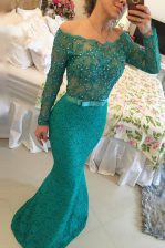Gorgeous Mermaid Off the Shoulder Lace Long Sleeves Beading Side Zipper Prom Evening Gown
