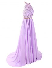Fancy With Train Backless Evening Dress Lavender for Prom with Lace Brush Train
