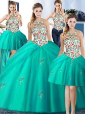 Comfortable Four Piece Halter Top Sleeveless Tulle 15 Quinceanera Dress Embroidery and Pick Ups Lace Up