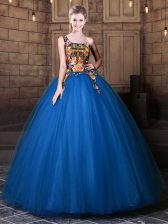  Blue Lace Up One Shoulder Pattern Ball Gown Prom Dress Tulle Sleeveless