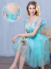 Luxury Empire Quinceanera Court Dresses Aqua Blue Sweetheart Tulle Short Sleeves Knee Length Lace Up