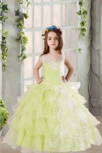 Graceful Light Yellow Square Neckline Lace and Ruffled Layers Child Pageant Dress Sleeveless Lace Up